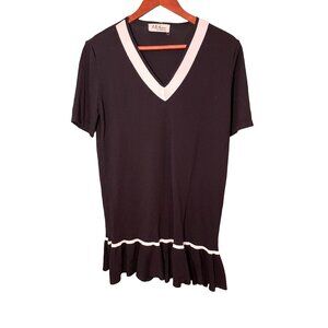 Selfie Couture Black Short Sleeve V-Neck Dress White Trim Pleated Hem Sz M